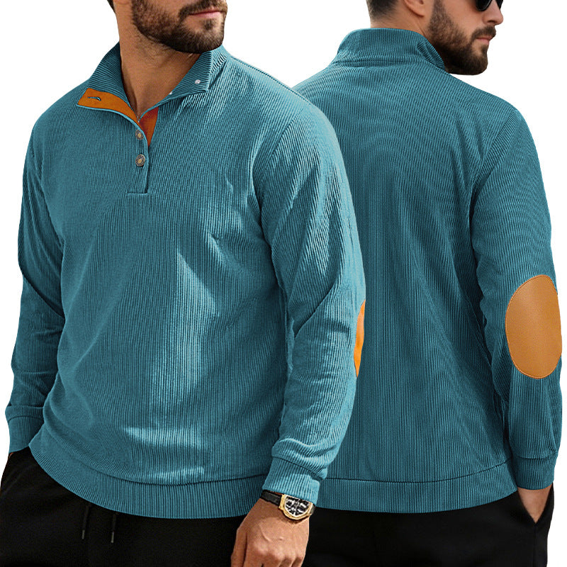 Herren nan lässiger Strukturpullover mit Polokragen, kurzer Knopfleiste und veganen Lederbesätzen Drune