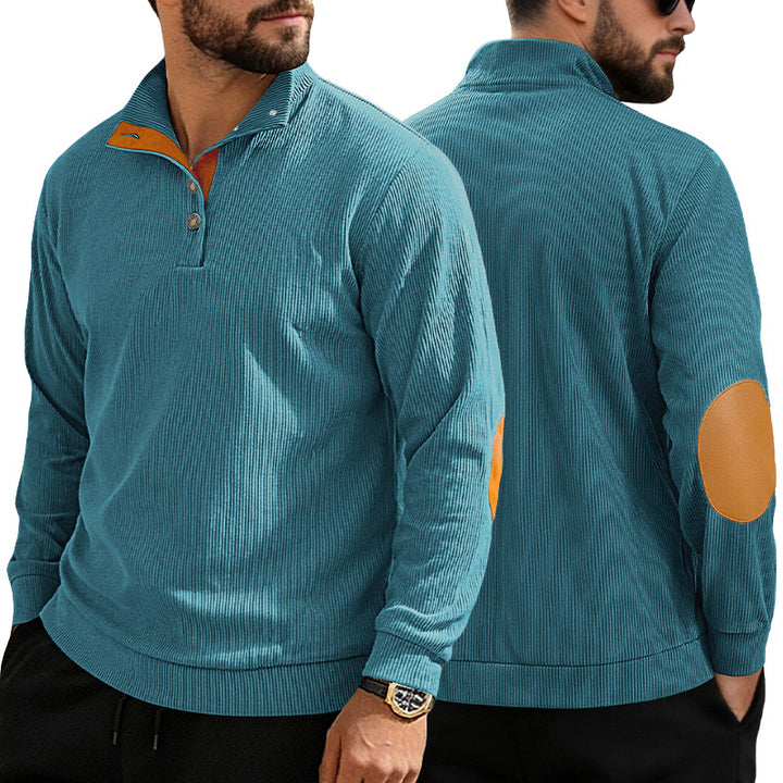 Herren nan lässiger Strukturpullover mit Polokragen, kurzer Knopfleiste und veganen Lederbesätzen Drune