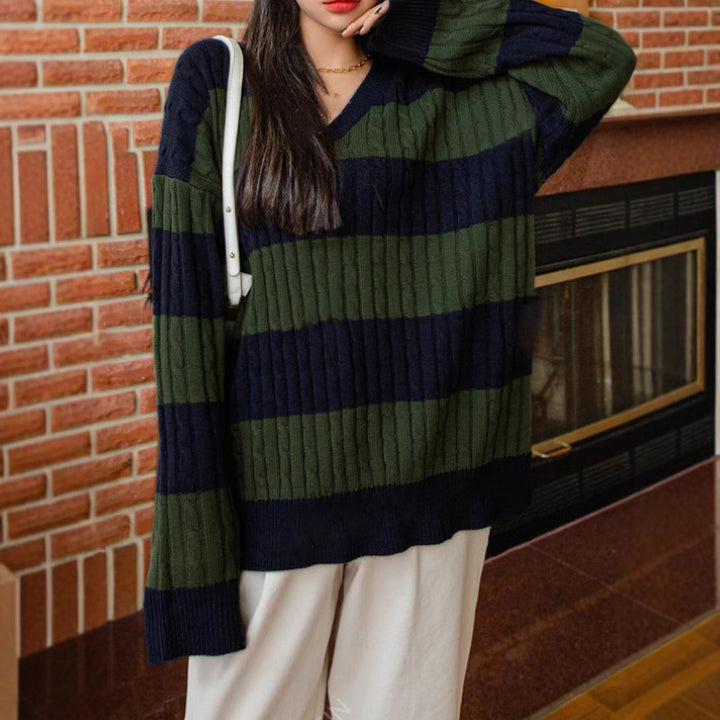 Damen Grobstrickpullover mit modischem V-Ausschnitt und buntem Streifenmuster Drune