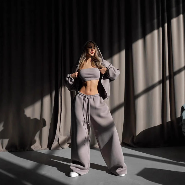 Damen modischer cropped Kapuzenpullover und entspannte Hose Set Drune