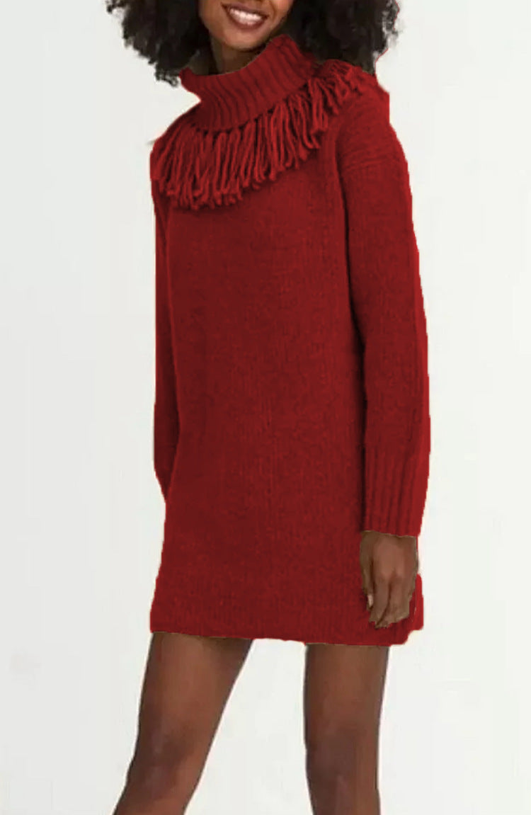 Damen Strickkleid mit dekorativer Fransenkante und hohem Rollkragen Drune