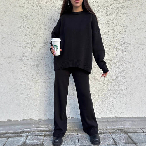 Damen gemütlicher Strickpullover mit hochgeschlossenem Kragen und breiten Ärmeln Drune