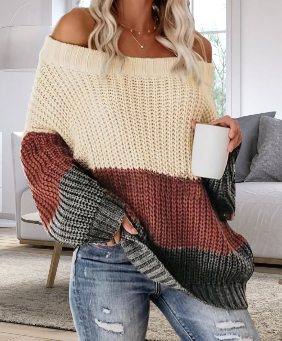 Damen Lässiger Overzise-Strickpullover mit Off-Shoulder-Ausschnitt und angesagtem Farbblockdesign Drune