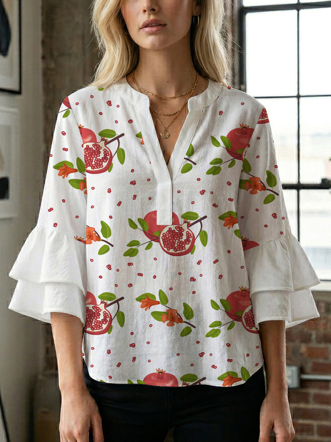 Damen Bluse mit voluminösen Rüschenärmeln und modernem Motiv Drune