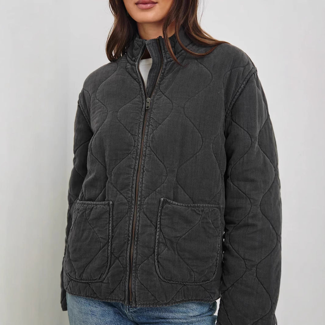 Damen gesteppte Utility-Jacke mit praktischen Taschen und hohem Kragen Drune