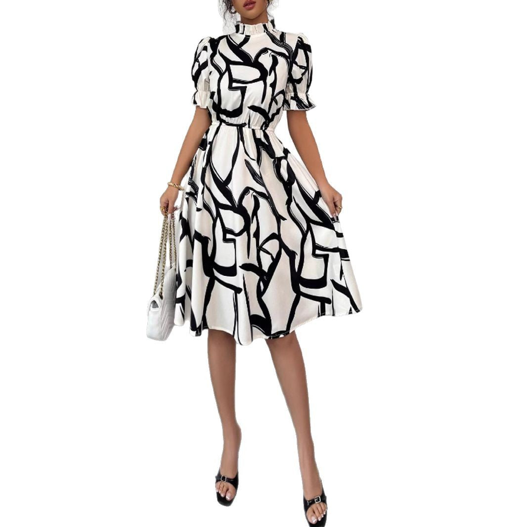 Damen Elegantes Midi-Kleid mit modischem Pflanzenmuster und Gummizug in der Taille Drune