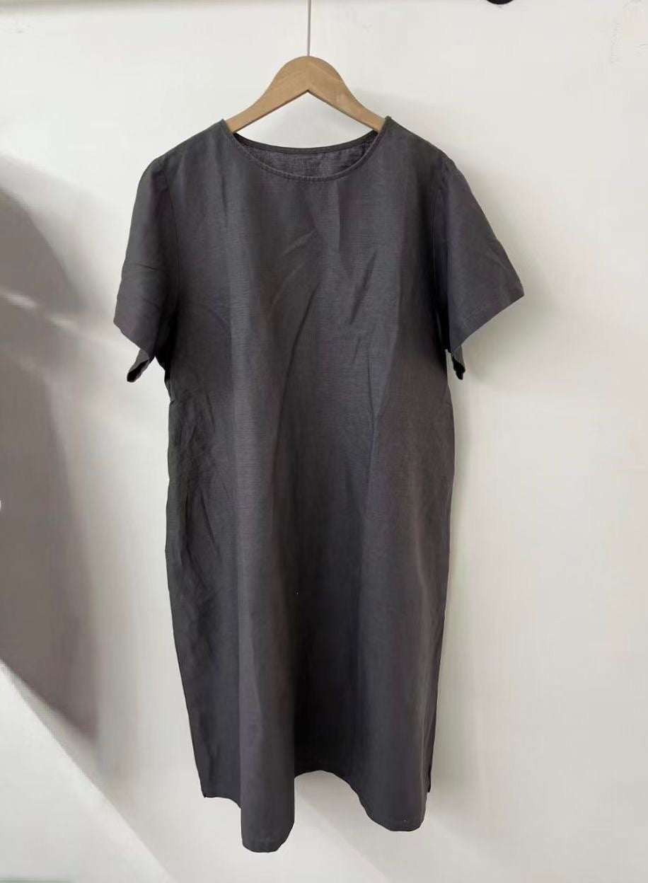 Damen Lässig Kurzarm Leinenkleid Drune