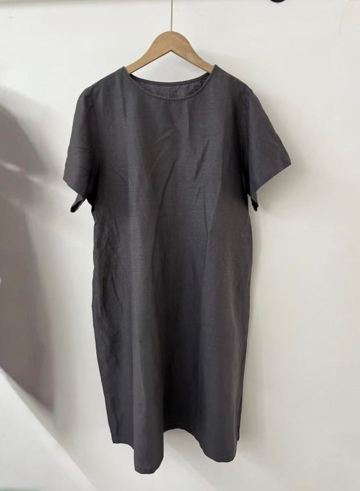 Damen Lässig Kurzarm Leinenkleid Drune