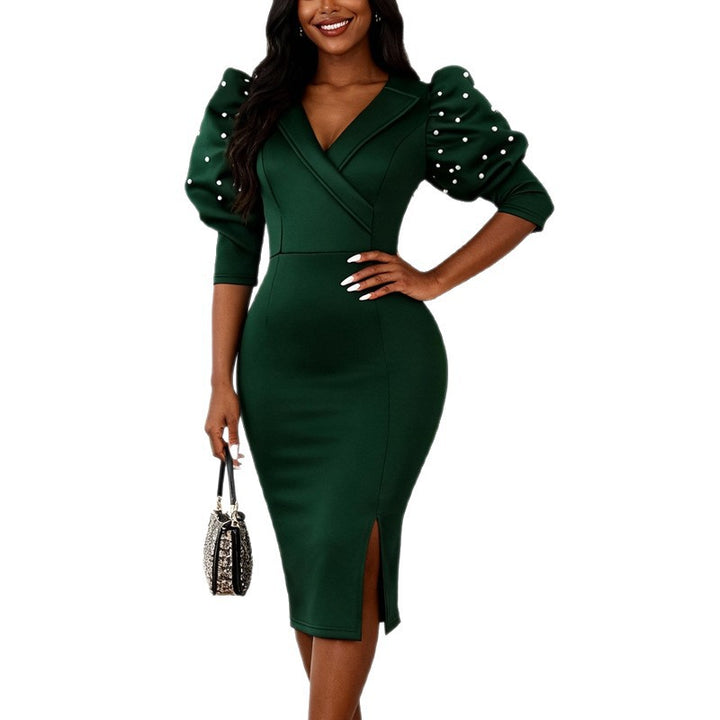 Damen figurbetontes Kleid mit eleganten Puffärmeln und Schlitz Drune