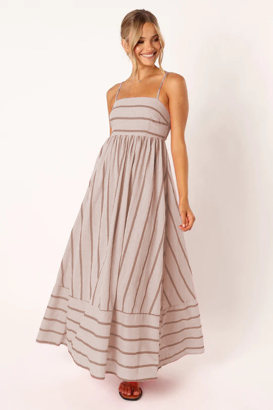 Damen Maxi-Kleid mit schmalen Spaghettiträgern und eleganten Querstreifen Drune