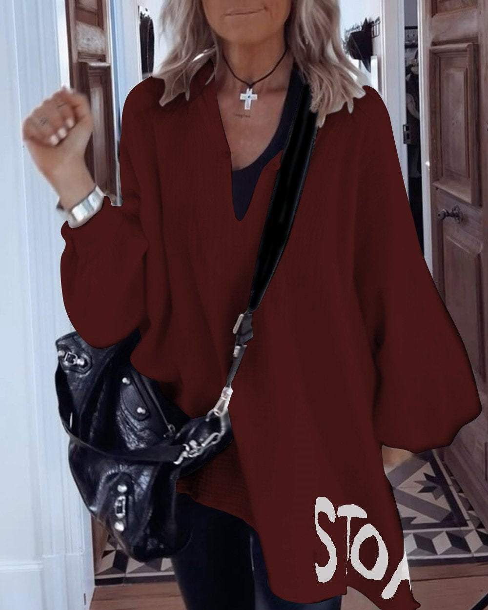 Damen Oversize-Shirt mit tiefem V-Ausschnitt und voluminösen Ärmeln Drune