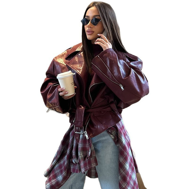 Damen oversized Lederjacke mit Bindegurt Drune