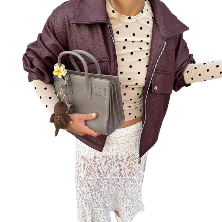 Damen lässige cropped Kunstlederjacke mit voluminösen Ärmeln Drune