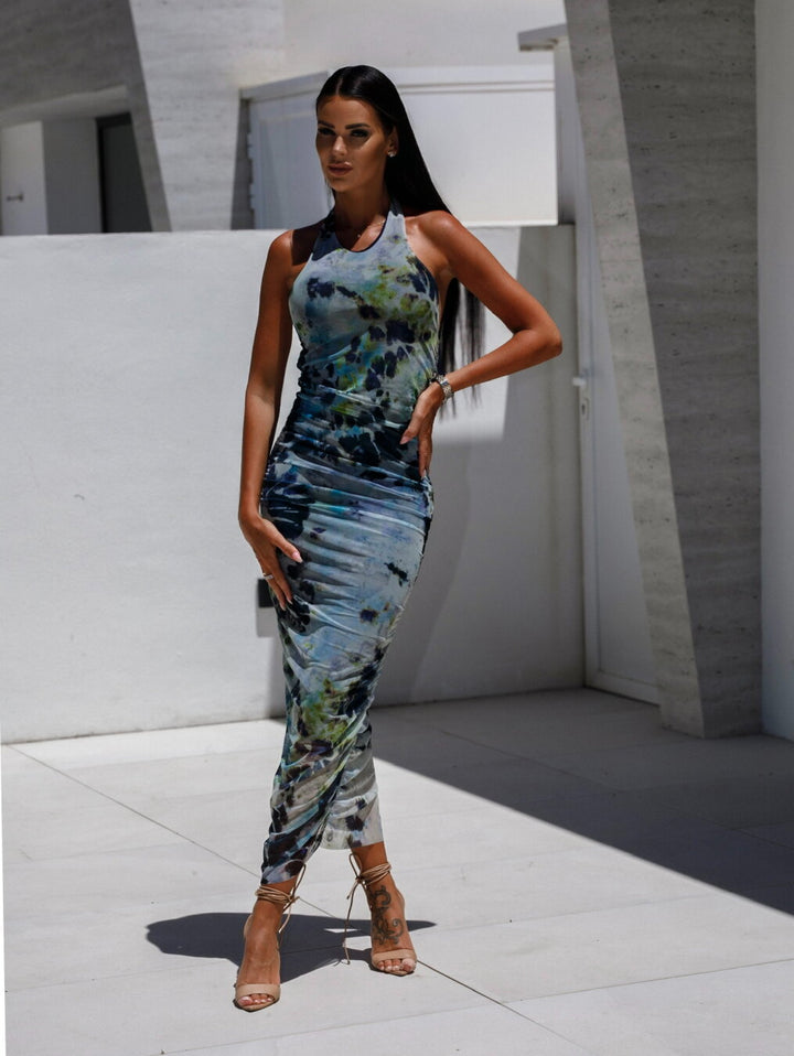 Damen figurbetontes Maxikleid mit elegantem Wickeldesign und modernem Tie-Dye-Muster Drune
