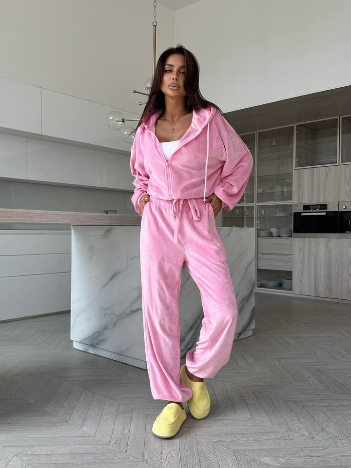 Damen Sportliches Fleece-Loungewear-Set mit praktischer Kapuze und weitem Schnitt Drune