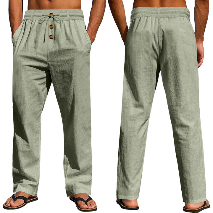 Herren Bequeme Leinenhose mit elastischem Bund und Knopfdetails Drune