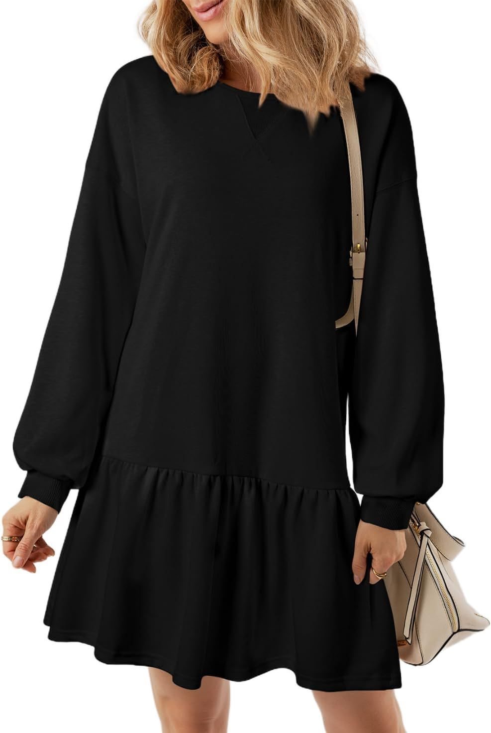 Damen Lässiges Sweatkleid mit V-Ausschnitt und Rüschensaum Drune