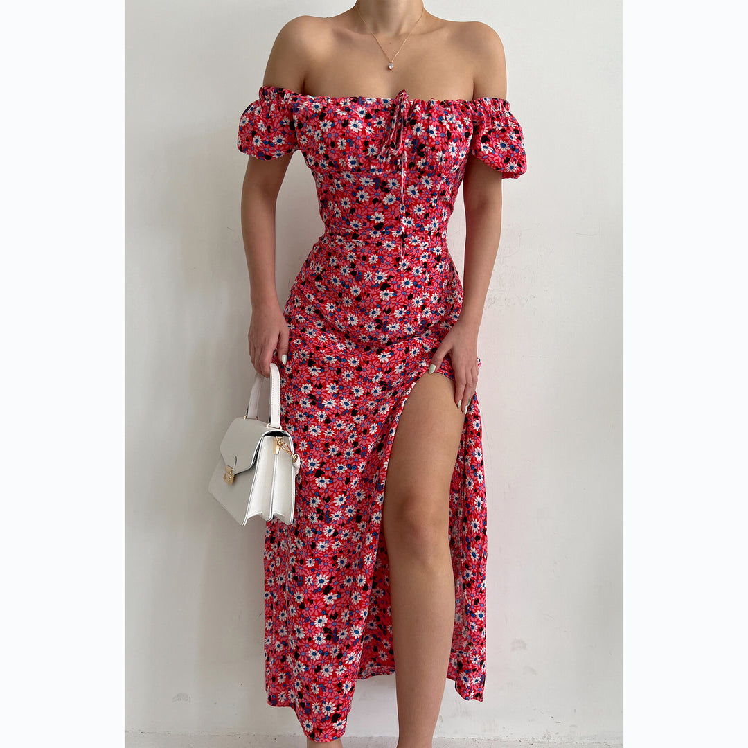 Damen Off-Shoulder Maxikleid mit floralem Design und elegantem Schlitz Drune