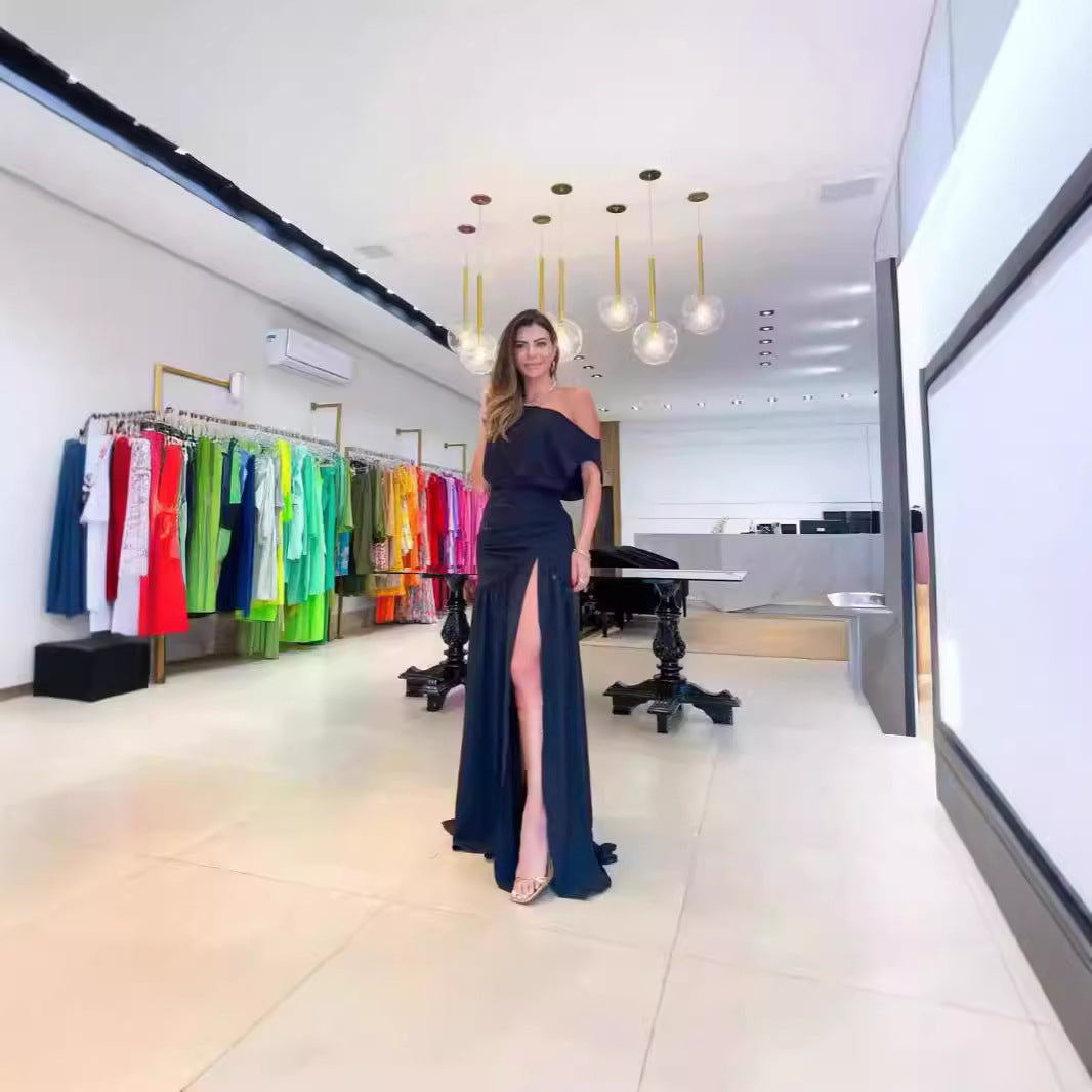 Damen Asymmetrisches Maxikleid mit Schlitz und Schulterfreiem Design Drune