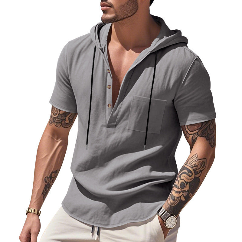 Herren Kurzarm-Henley-Hemd mit Kapuze und Knopfleiste Drune