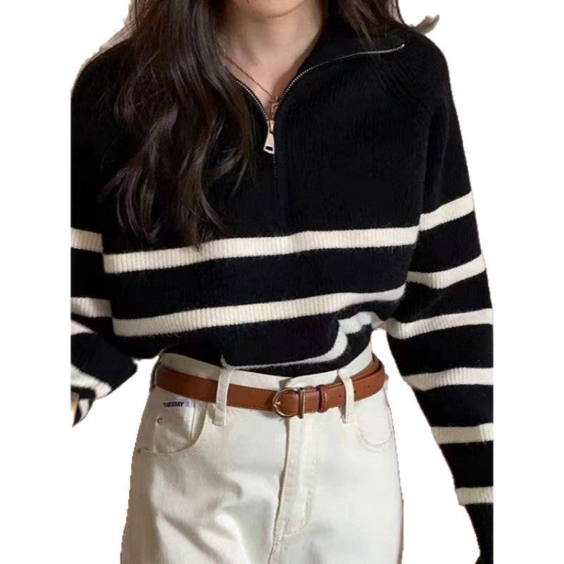 Damen modischer Pullover mit fundiertem Reißverschluss und Streifenmuster Drune