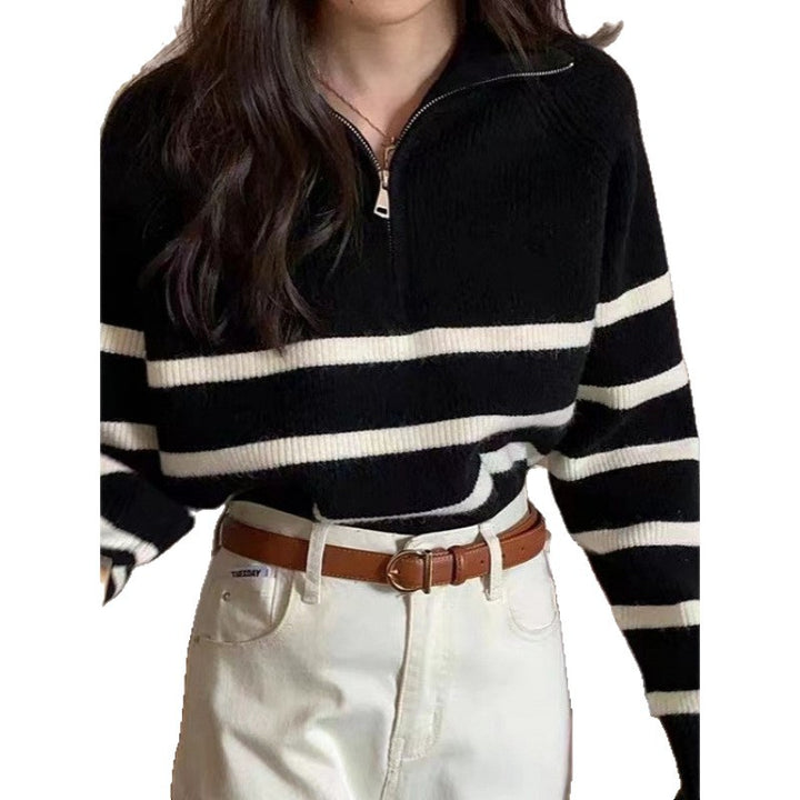Damen modischer Pullover mit fundiertem Reißverschluss und Streifenmuster Drune