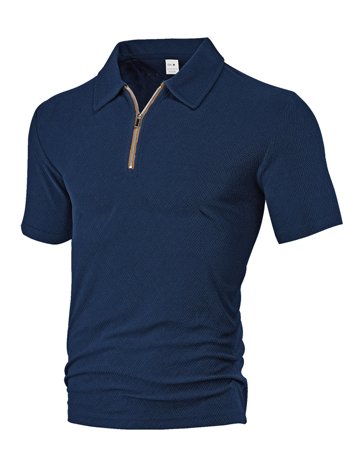 Herren nan schmal geschnittenes Halbzip-Polo mit feiner Fischgrät-Jacquardstruktur Drune