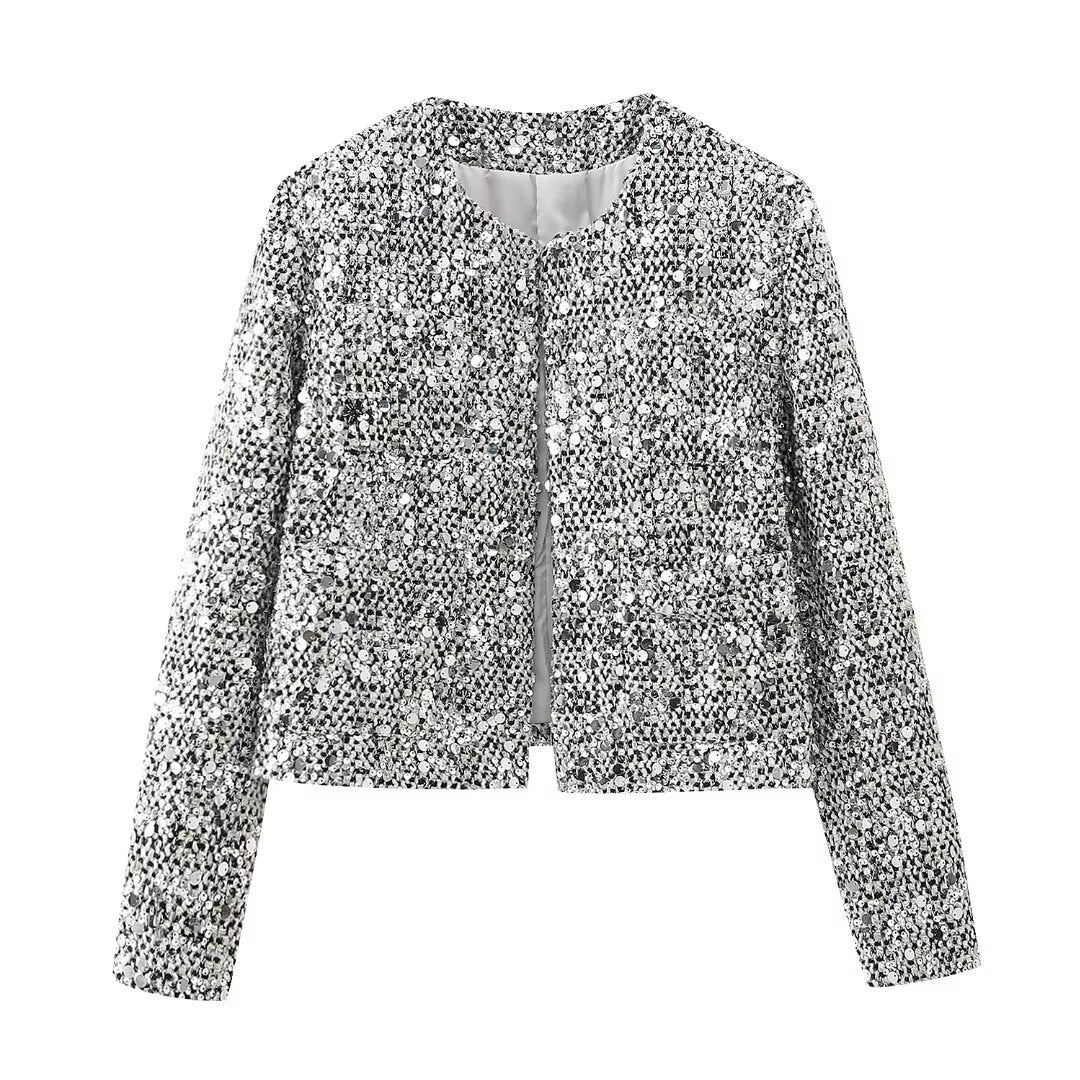 Damen nan gefütterte Bouclé-Kurzjacke mit Paillettenbesatz, Rundhalsausschnitt und offener Front Drune
