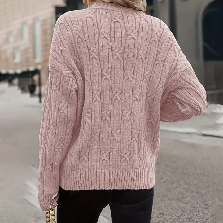 Damen Großer Strickpullover mit lässigem V-Ausschnitt und feinem Zopfmuster Drune