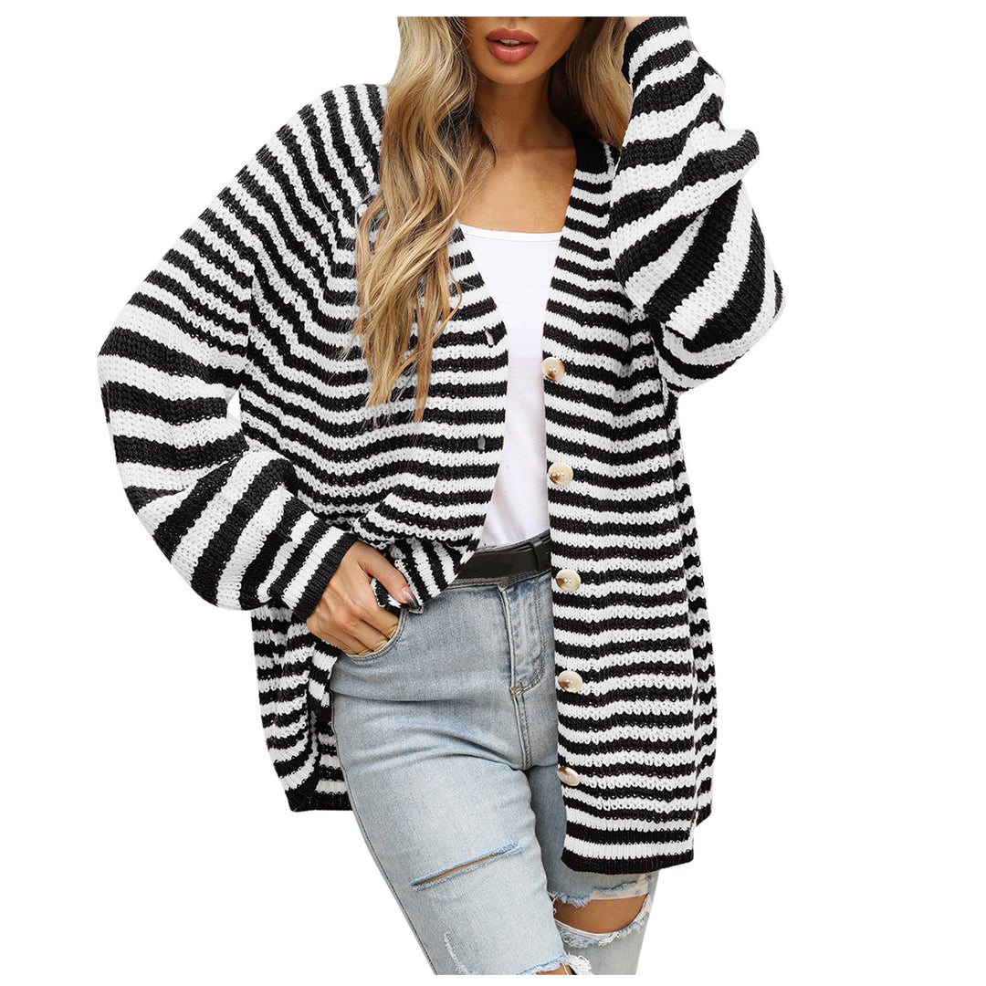 Damen lässige Strickjacke mit breitem Streifenmuster und Knopfdetail Drune