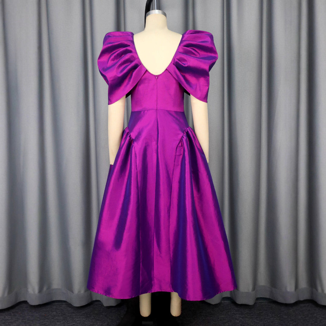 Damen elegantes Midikleid mit voluminösen Puffärmeln und schwingendem Rock Drune
