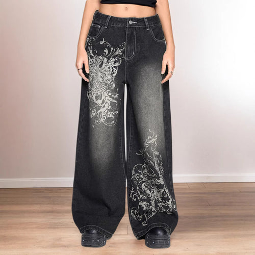 Damen Weite Denim-Hose mit auffälligem grafischem Druck Drune