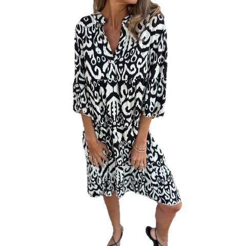 Damen lässiges Baumwollkleid mit V-Ausschnitt und voluminösen Ärmeln Drune