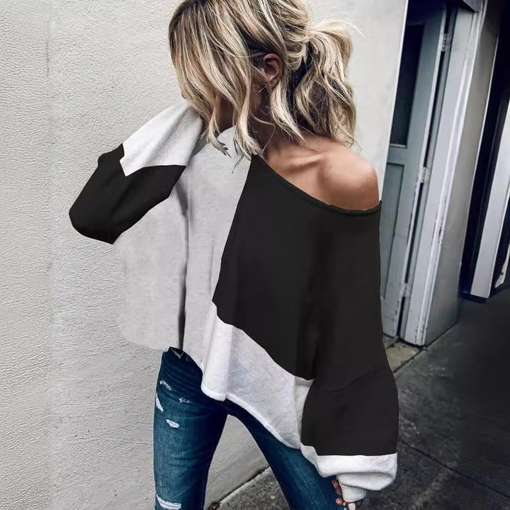 Damen modischer Oversized-Pullover mit einzigartigem Schnitt und kontrastierenden Farbblöcken Drune