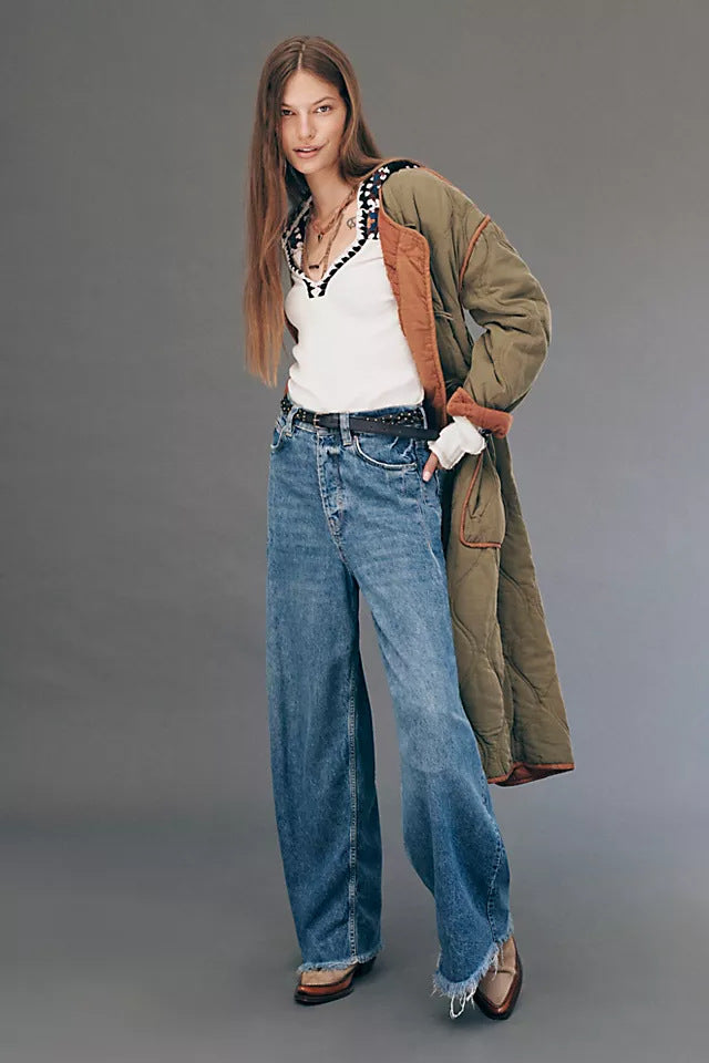 Damen nan extraweite High‑Waist Palazzo-Jeans aus Denim mit rohem Saum und Vintage-Waschung Drune