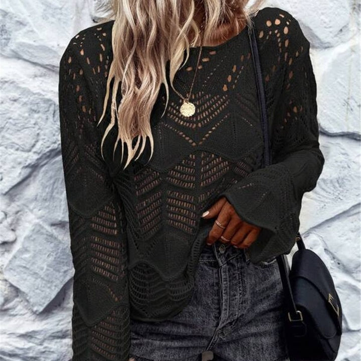 Damen Strickpullover mit filigranem Lochmuster und weitem Ärmel Drune