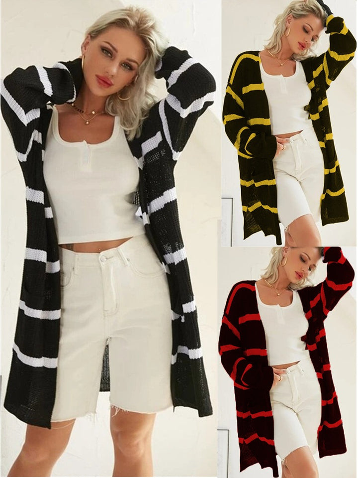 Damen langer Strick cardigan mit modernen Streifen Drune