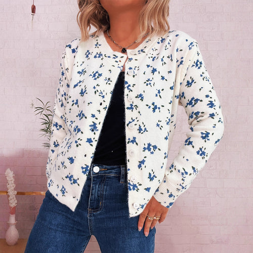 Damen gemütliche Strickjacke mit floralen Mustern und Knopfverschluss Drune
