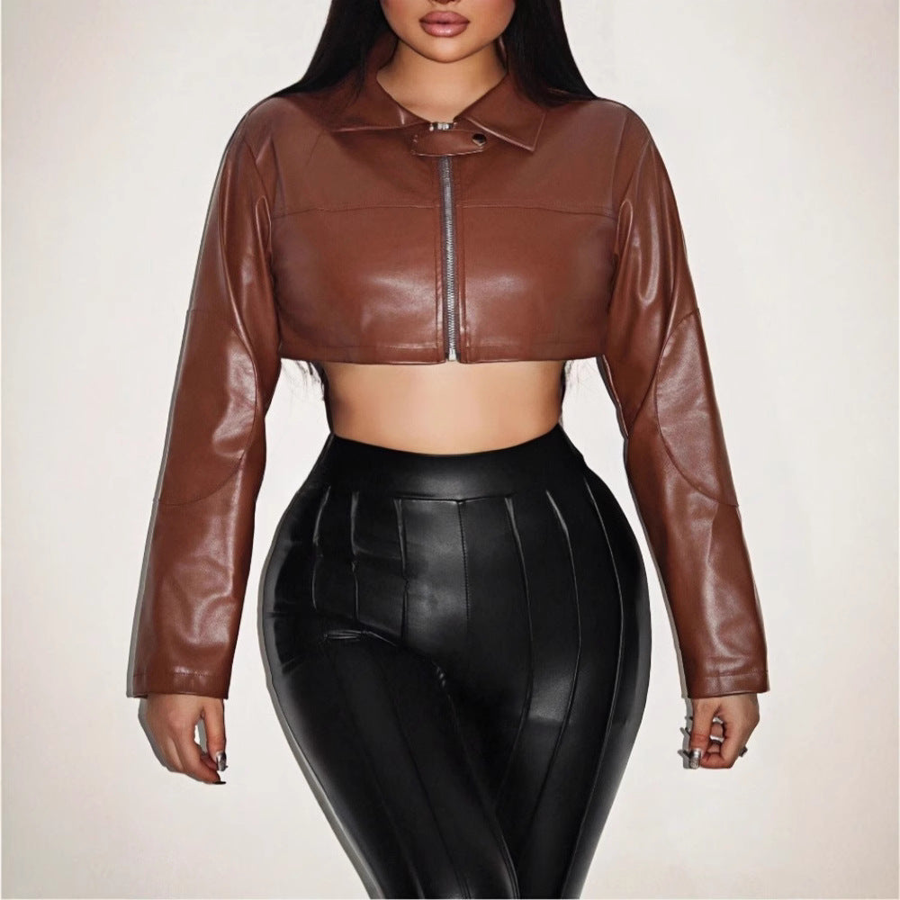 Damen cropped Kunstlederjacke mit innovativem Reißverschluss Drune