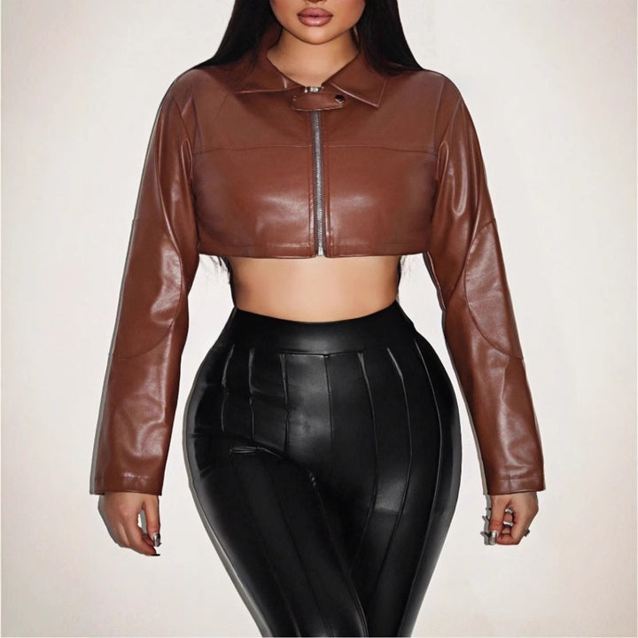 Damen cropped Kunstlederjacke mit innovativem Reißverschluss Drune