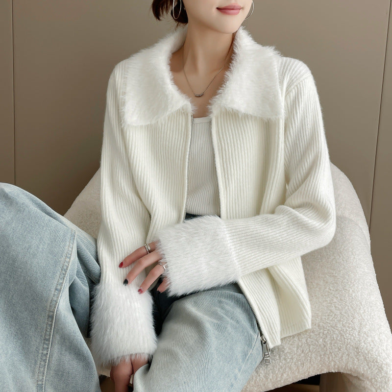 Damen Strickjacke mit luxuriösem Kunstfellkragen und Rippstruktur Drune