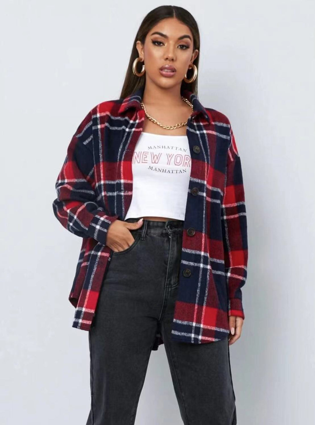 Damen Karo Hemdjacke mit weichem Fleece-Material und lässigem Schnitt Drune