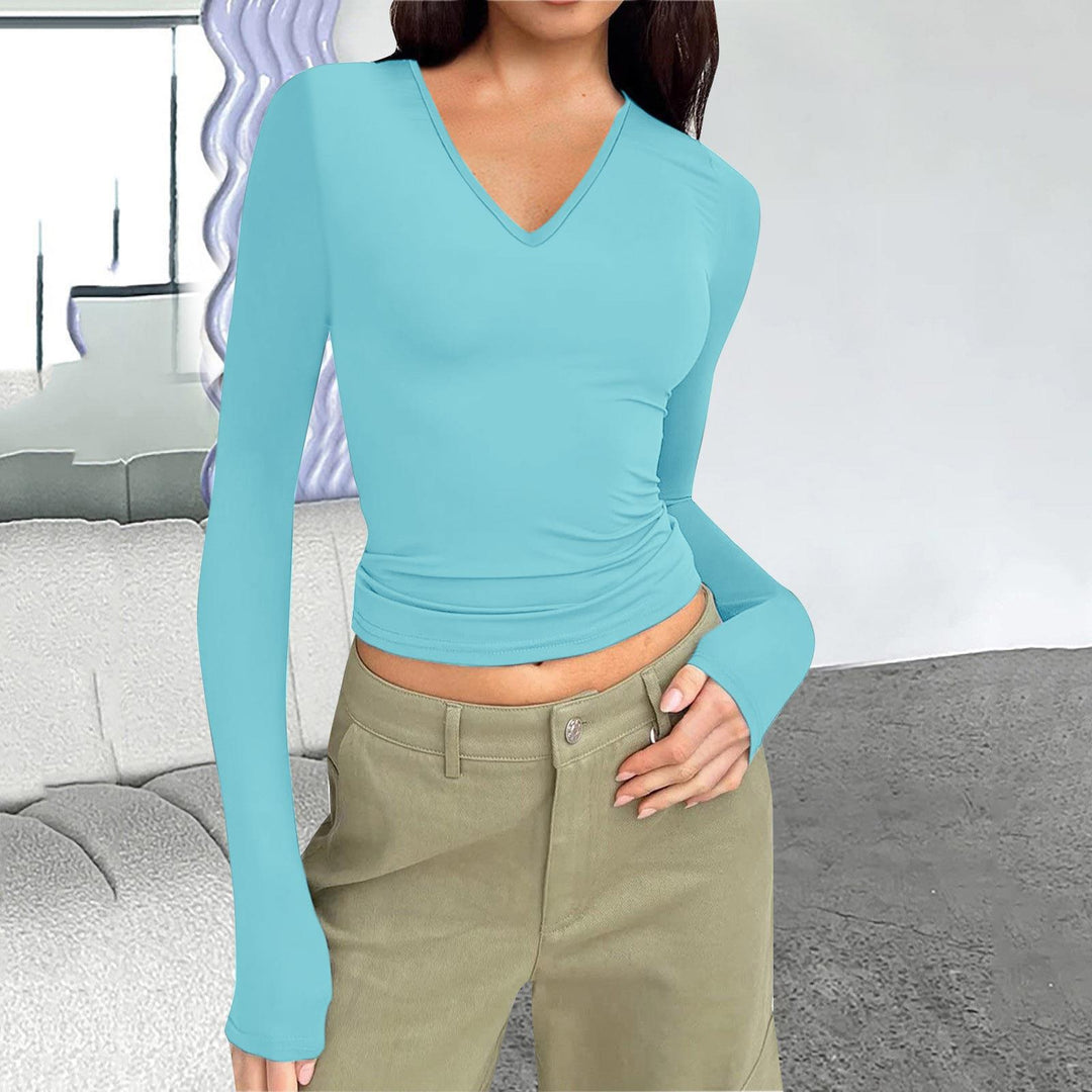 Damen Langarmshirt mit figurbetontem Schnitt und V-Ausschnitt Drune