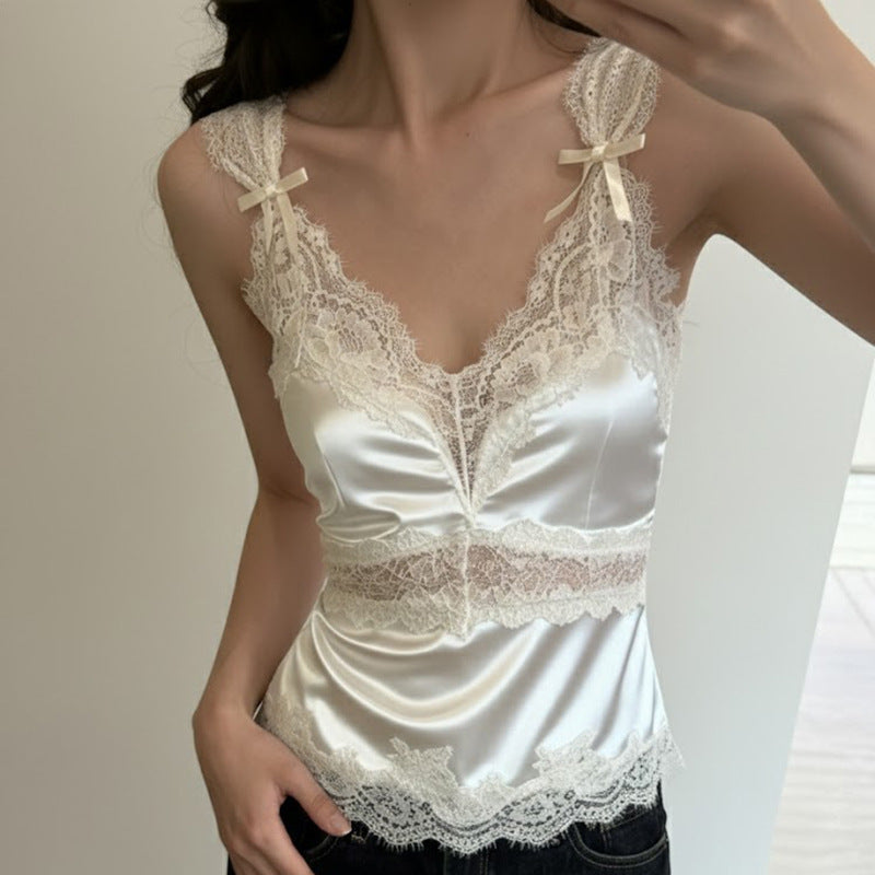 Damen luxuriöses Satin-Top mit romantischen Spitzendetails Drune
