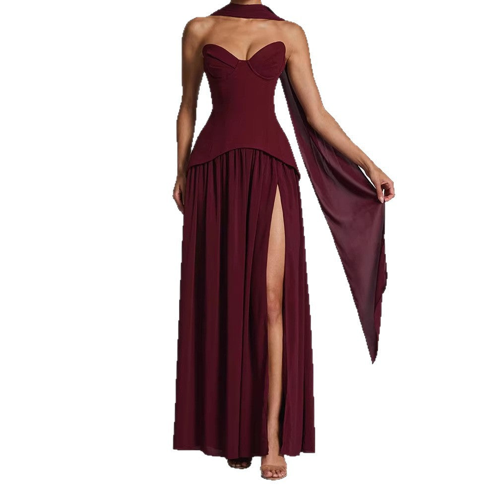 Damen Elegantes Maxikleid mit Abnehmbarem Cape Drune