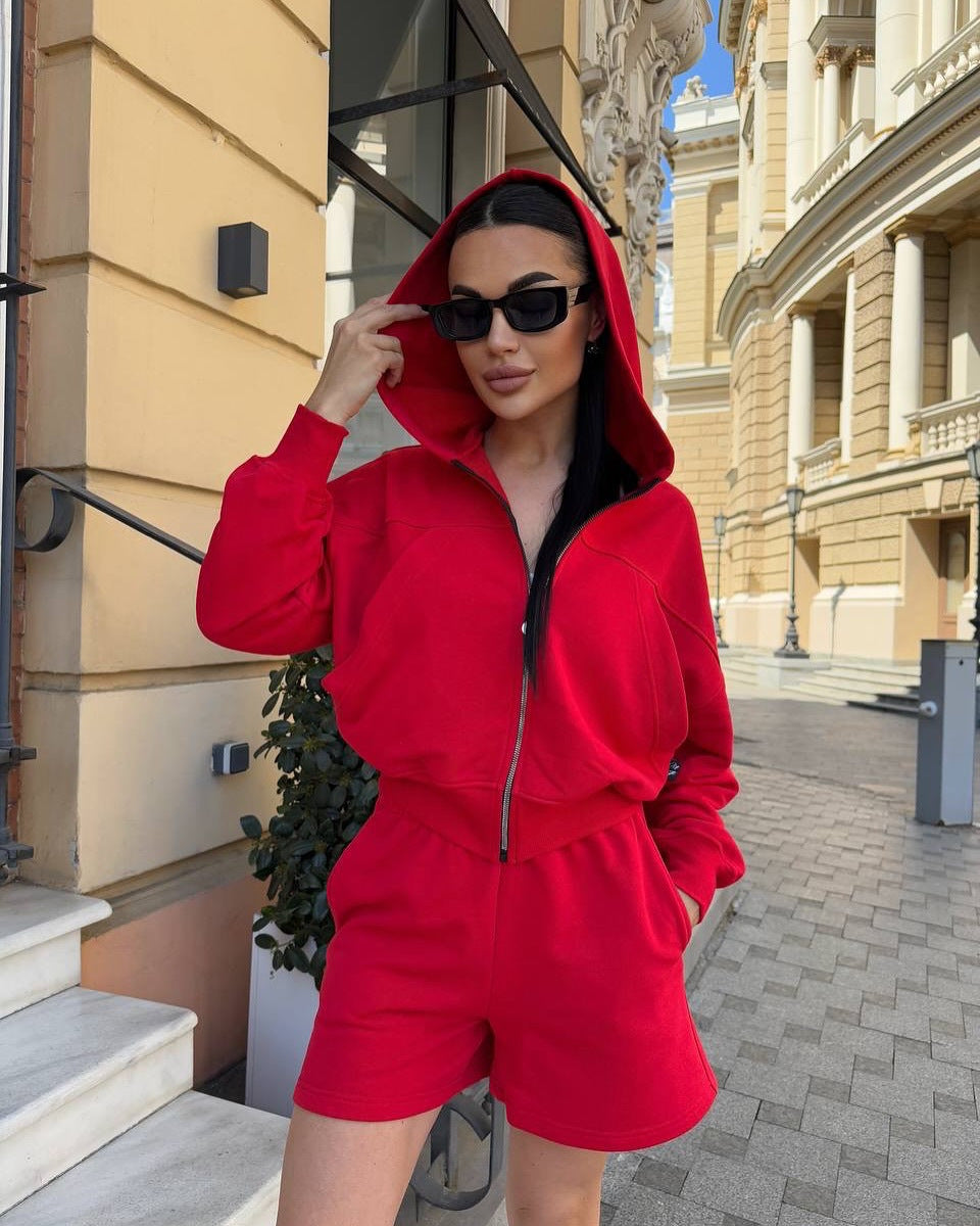 Damen trendy Kapuzenjacke und Shorts Set Drune