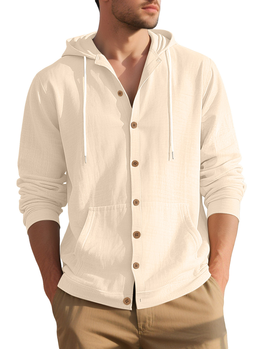 Herren nan leichtes Kapuzen-Übershirt im Crinkle-Look mit Holzknopfleiste und Kängurutasche Drune