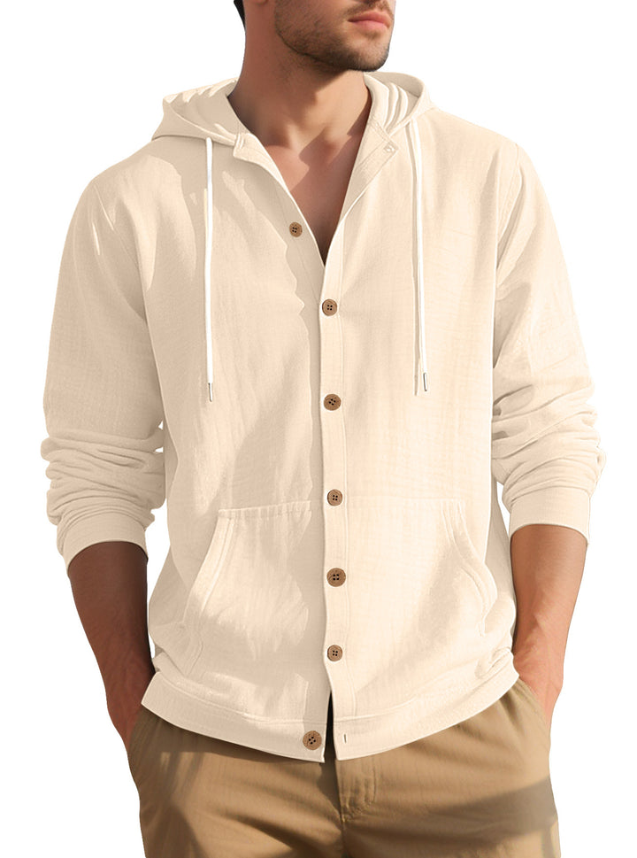 Herren nan leichtes Kapuzen-Übershirt im Crinkle-Look mit Holzknopfleiste und Kängurutasche Drune