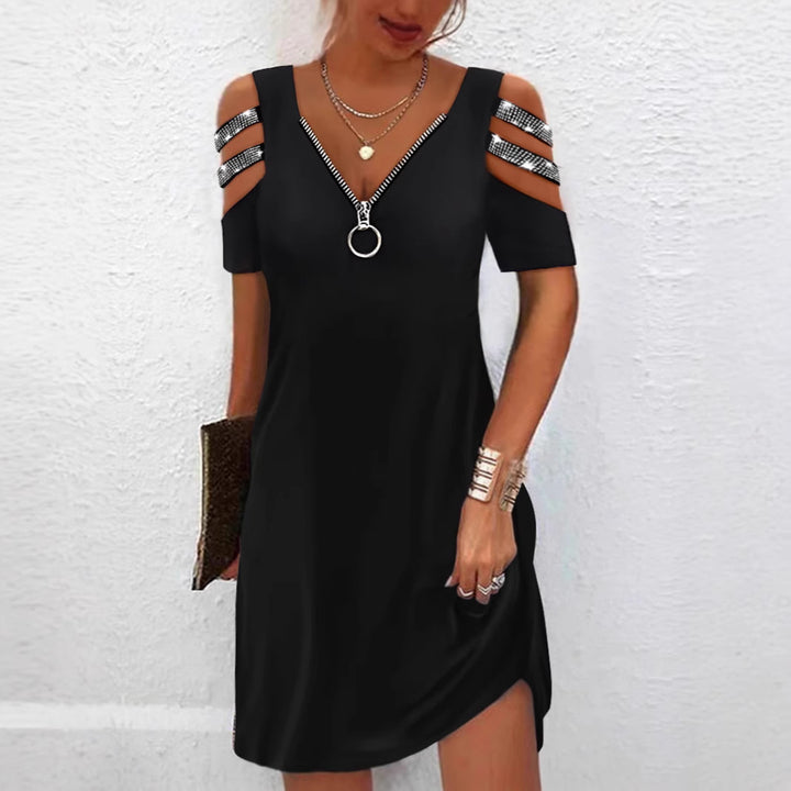 Damen Trendiges Kleid mit schulterfreien Ärmeln und Reißverschlussdetails Drune