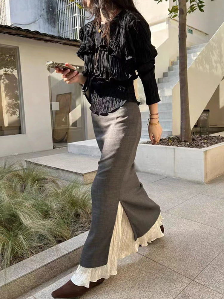 Damen Elegante Maxi-Rock mit seitlichen Schlitzen und Lagenlook Drune